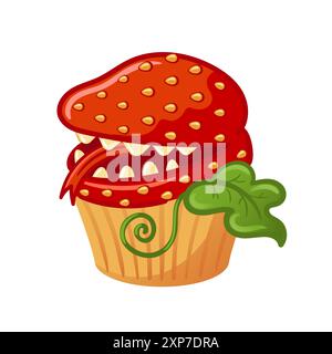 A spooky Halloween treat. Delicious cupcake with a toothy strawberry monster. Carnivorous plant. For sticker, poster, card, design element. Stock Vector