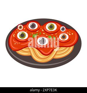 A whimsical and vibrant pixel art plate of spaghetti that features an unusual and quirky topping of eyeballs Stock Vector