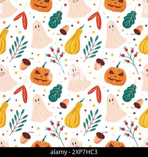 Cute autumn seamless pattern in flat style. Background design with leaves, acorns, rowan, pumpkin with face, ghost. Vector illustration. Stock Vector