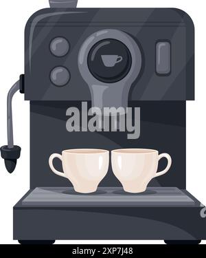Cafe espresso machine with coffee cups. Hot drink maker isolated on white background Stock Vector