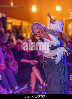 Santa Barbara, USA. 03rd Aug, 2024. Flamenco dancer Maya De Silva and Tablao Flamenco celebrates the 100th Anniversary of Old Spanish Days with a performance at Legacy Art in Santa Barbara, CA on August 3, 2024. (Photo by Rod Rolle/Sipa USA) Credit: Sipa USA/Alamy Live News Stock Photo