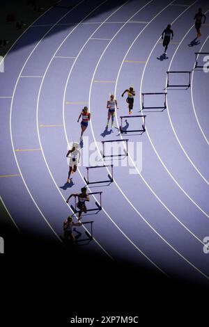 Paris, France. 04th Aug, 2024. Athletics Belgium's Hanne Claes, USA's Anna Cockrell, Great Britain's Lina Nielsen, Philipines' Lauren Hoffman, Czech Republic's Nikoleta Jichova, Jamaica's Janieve Russell, Grace Claxton and Finland's Viivi Lehikoinen compete on women's 400m Hurdles during the 2024 Paris Olympic Games in Paris, France on August, 3 2024. Photo by Nicolas Gouhier/ABACAPRESS.COM Credit: Abaca Press/Alamy Live News Stock Photo