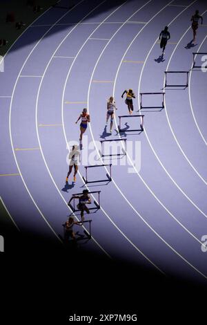 Paris, France. 04th Aug, 2024. Athletics Belgium's Hanne Claes, USA's Anna Cockrell, Great Britain's Lina Nielsen, Philipines' Lauren Hoffman, Czech Republic's Nikoleta Jichova, Jamaica's Janieve Russell, Grace Claxton and Finland's Viivi Lehikoinen compete on women's 400m Hurdles during the 2024 Paris Olympic Games in Paris, France on August, 3 2024. Photo by Nicolas Gouhier/ABACAPRESS.COM Credit: Abaca Press/Alamy Live News Stock Photo