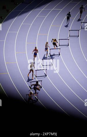 Paris, France. 04th Aug, 2024. Athletics Belgium's Hanne Claes, USA's Anna Cockrell, Great Britain's Lina Nielsen, Philipines' Lauren Hoffman, Czech Republic's Nikoleta Jichova, Jamaica's Janieve Russell, Grace Claxton and Finland's Viivi Lehikoinen compete on women's 400m Hurdles during the 2024 Paris Olympic Games in Paris, France on August, 3 2024. Photo by Nicolas Gouhier/ABACAPRESS.COM Credit: Abaca Press/Alamy Live News Stock Photo