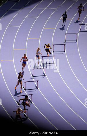 Paris, France. 04th Aug, 2024. Athletics Belgium's Hanne Claes, USA's Anna Cockrell, Great Britain's Lina Nielsen, Philipines' Lauren Hoffman, Czech Republic's Nikoleta Jichova, Jamaica's Janieve Russell, Grace Claxton and Finland's Viivi Lehikoinen compete on women's 400m Hurdles during the 2024 Paris Olympic Games in Paris, France on August, 3 2024. Photo by Nicolas Gouhier/ABACAPRESS.COM Credit: Abaca Press/Alamy Live News Stock Photo