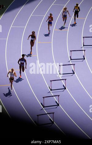 Paris, France. 04th Aug, 2024. Athletics Belgium's Hanne Claes, USA's Anna Cockrell, Great Britain's Lina Nielsen, Philipines' Lauren Hoffman, Czech Republic's Nikoleta Jichova, Jamaica's Janieve Russell, Grace Claxton and Finland's Viivi Lehikoinen compete on women's 400m Hurdles during the 2024 Paris Olympic Games in Paris, France on August, 3 2024. Photo by Nicolas Gouhier/ABACAPRESS.COM Credit: Abaca Press/Alamy Live News Stock Photo