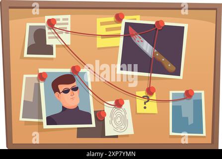 Detective investigation corkboard with crime evidence cartoon icon isolated on white background Stock Vector
