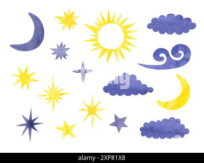 Watercolor moon, stars and clouds set. Vector celestial illustration Stock Vector