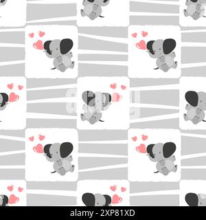 Seamless childish pattern with cute baby elephants and hearts. Vector background Stock Vector