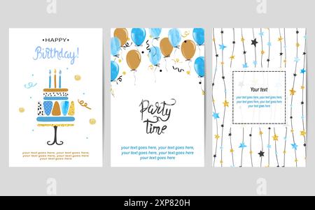 Happy Birthday cards set in blue and golden colors. Celebration vector posters with birthday cake and balloons Stock Vector