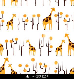 Seamless African pattern with cute giraffe and abstract trees. Vector illustration Stock Vector