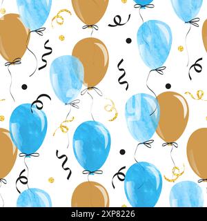 Watercolor blue and gold balloons seamless pattern. Vector celebration background Stock Vector