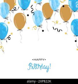 Watercolor blue and gold balloon. Happy Birthday card. Vector celebration background Stock Vector