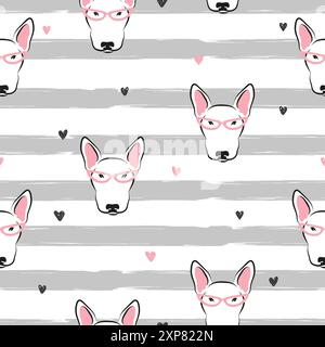 Seamless cute bull terriers pattern. Vector funny dogs and hearts background Stock Vector