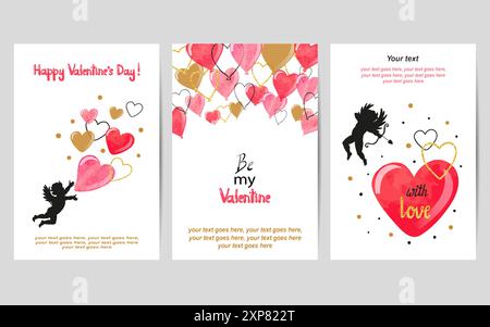 Valentines Day cards set in red and golden colors. Cute cupids and watercolor hearts. Vector illustration Stock Vector
