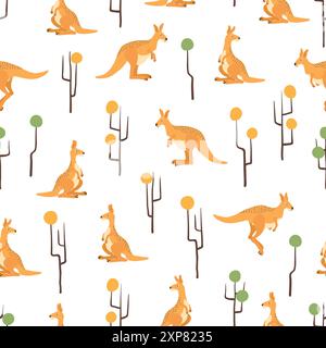 Kangaroo and abstract trees seamless pattern. Vector australian illustration Stock Vector