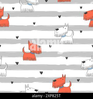 Seamless cute terriers pattern. Vector funny dogs and hearts background Stock Vector