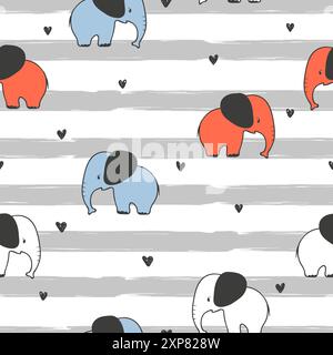 Seamless cute elephants pattern. Vector striped illustration for kids. Baby print Stock Vector