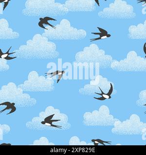 Seamless pattern with swallows and clouds. Vector flying birds illustration Stock Vector
