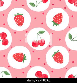 Seamless strawberry and cherry pattern. Vector dotted background with berries Stock Vector