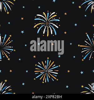 Fireworks seamless pattern. Hand drawn vector celebration background with firecrackers Stock Vector