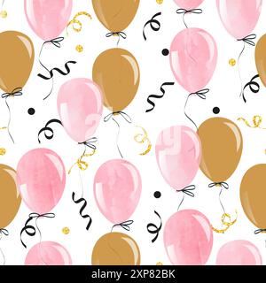 Watercolor pink and gold balloons seamless pattern. Vector celebration background Stock Vector