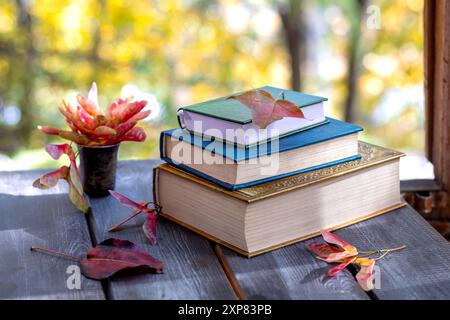 Autumn still life with books and fallen leaves. Day of book lovers, reading. Stock Photo