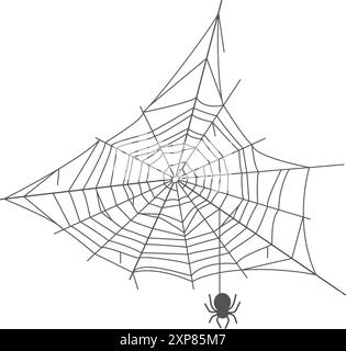 Abandoned cobweb with hanging spider. Black net silhouette isolated on white background Stock Vector