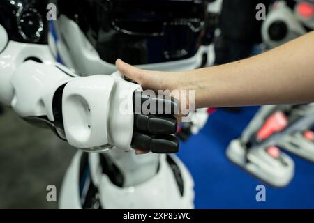 A woman shaking hands with a robot Stock Photo