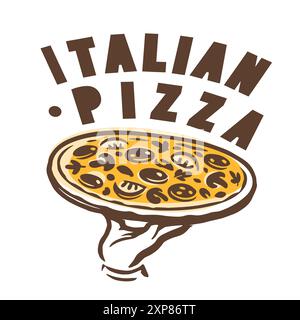 Round pizza on tray in cook hand, advertising banner. Italian food, restaurant emblem vector illustration Stock Vector