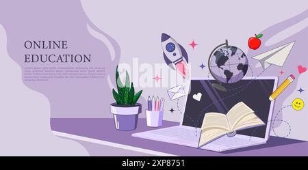Online Education Concept. Webinar or Online Courses Education Flat Vector Design Template. Good for Distance Learning Courses and University remote. Stock Vector