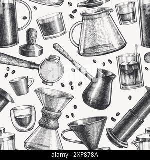 Alternative Coffee Makers Seamless Pattern. Vector Hand Drawn Specialty Coffee Equipment Background. Vintage Style Coffee Bar Design Stock Vector