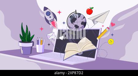 Online Education Concept. Webinar or Online Courses Education Flat Vector Design Template. Good for Distance Learning Courses and University remote. Stock Vector