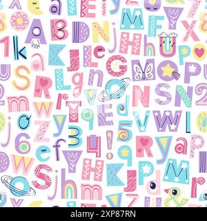 Alphabet seamless pattern. Hand drown illustration of letters and numbers Stock Vector