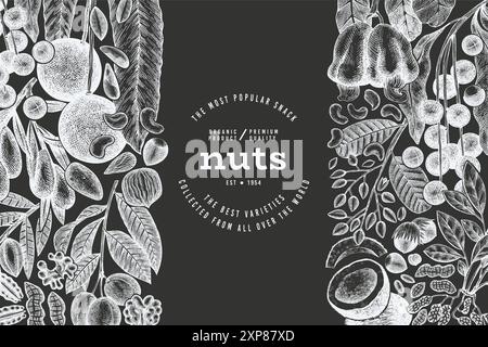 Hand Drawn Nuts Branch And Kernels  Template. Organic Seed Vector Design. Retro Chalk Board Nut Illustration. Stock Vector