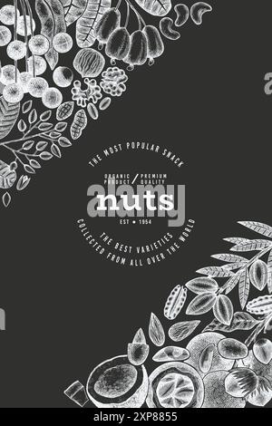 Hand Drawn Nuts Branch And Kernels  Template. Organic Seed Vector Design. Retro Chalk Board Nut Illustration. Stock Vector