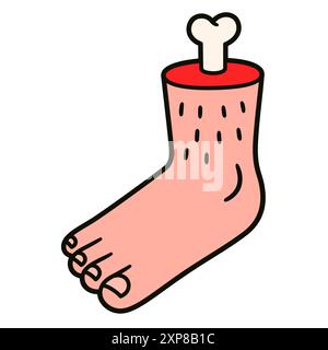 Severed human foot with bone sticking out. Simple comic drawing, cartoon vector illustration. Stock Vector
