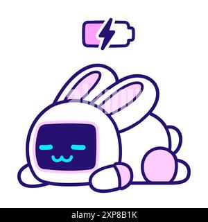 Cute cartoon robot bunny taking power nap with charging battery. Adorable sleeping electronic rabbit drawing, vector illustration. Stock Vector