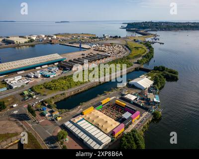 CARDIFF,WALES - JULY 29 2024: Drone view of Cardiff Bay and Docks on a bright, summers afternoon Stock Photo