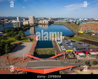 CARDIFF,WALES - JULY 29 2024: Drone view of Cardiff Bay and Docks on a bright, summers afternoon Stock Photo