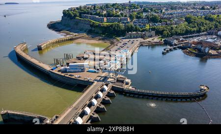 Aerial view of the Cardiff Bay lagoon, barrage and Bristol Channel near the village of Penarth Stock Photo