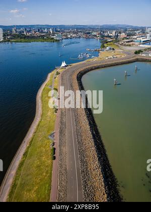 Aerial view of Cardiff Docks and Barrage on a warm summers day Stock Photo