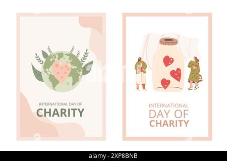 Set of International day of charity templates. Charitable event invitation. Planet Earth with heart and donation box invitation cards. Non profit orga Stock Vector