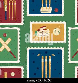 Cricket patchwork seamless pattern. Bento box repeat background. Sport retro post stamps endless design. Vector hand drawn flat illustration. Stock Vector