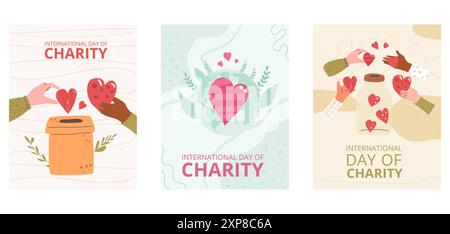 Set of International day of charity templates. Charitable event invitation. Planet Earth with heart and donation boxes greeting cards. Non profit orga Stock Vector