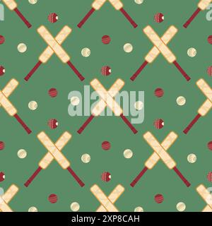 Cricket seamless pattern. Cricket balls and bats repeat cover. Sport game equipment continuous background. Vector hand drawn flat illustration. Stock Vector