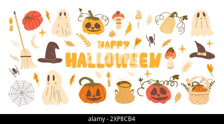 Set of Happy Halloween with lettering. Pumpkins, ghosts, witch hats and others kit. Collection of autumn festive elements. Vector hand drawn flat illu Stock Vector