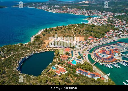 Aerial view of Dragon Eye lake near Marina Frapa in Rogoznica, Croatia. Sea landscape with coastal town and yachts. Touristic city for summer vacation Stock Photo