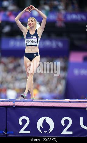 Cyprus' Elena Kulichenko reacts in the women's high jump final at the