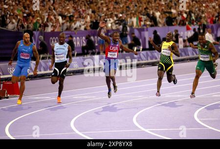 Paris, France. 4th Aug, 2024. Paris Olympics: Athletics. (left to right) Italy's Lamont Marcell Jacobs, Botswana's Letsile Tebogo, Gold medlaist USA's Noah Lyles, Jamaica's Oblique Seville and South Africa's Akani Simbine in the men's 100m final at the Stade de France track, during day nine of the Paris Olympic Games 2024, Paris, France. Credit: Adam Stoltman/Alamy Live News Stock Photo